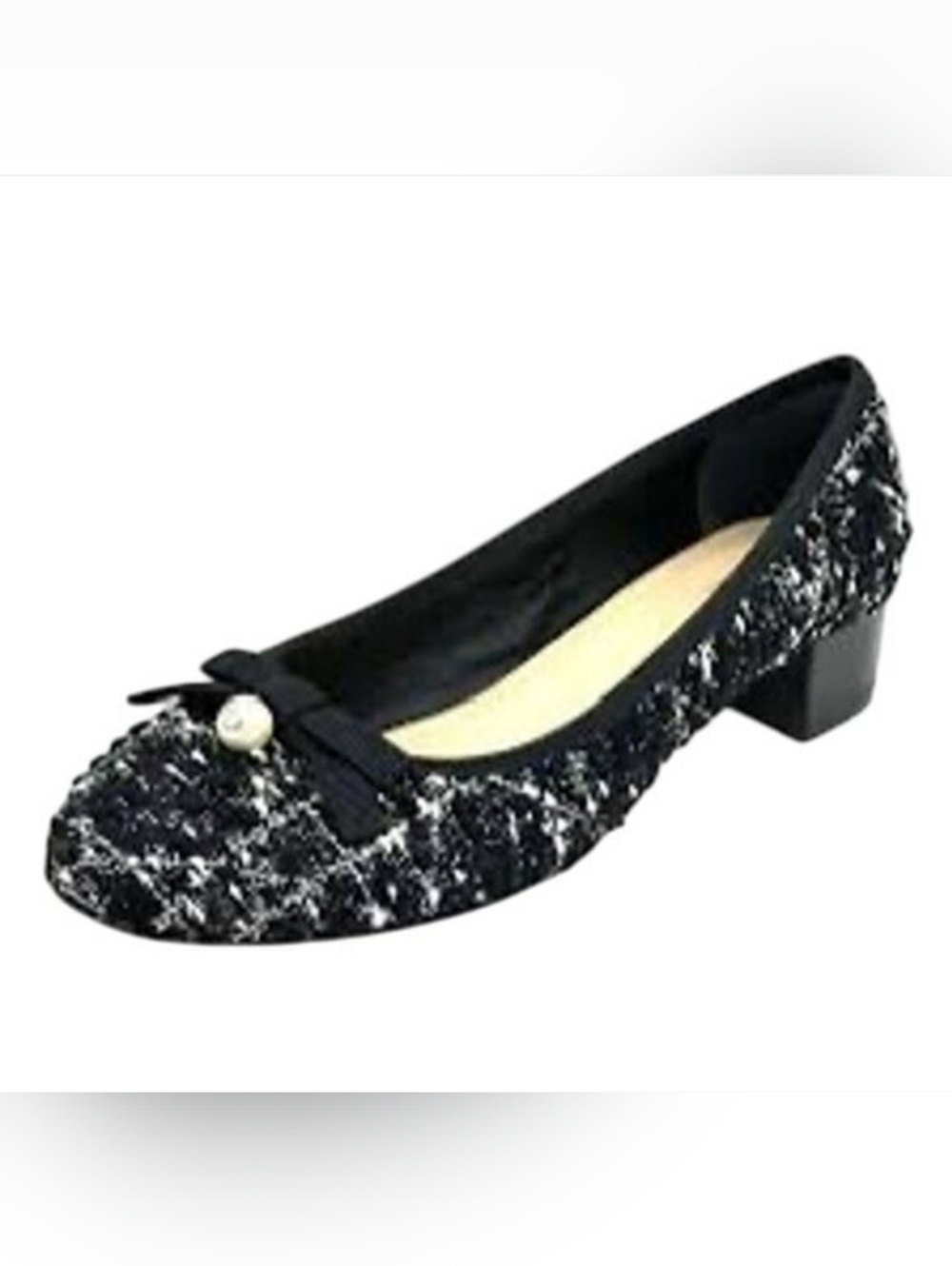 Dior Elegant Pumps | Black & White | Low Block Heel | Pearl Bow Detail - Picture 3 of 3